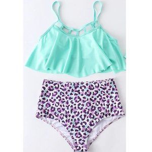 Women's High Waisted 2 Piece Teal Purple Leopard Print Swimsuit Size Medium NWT